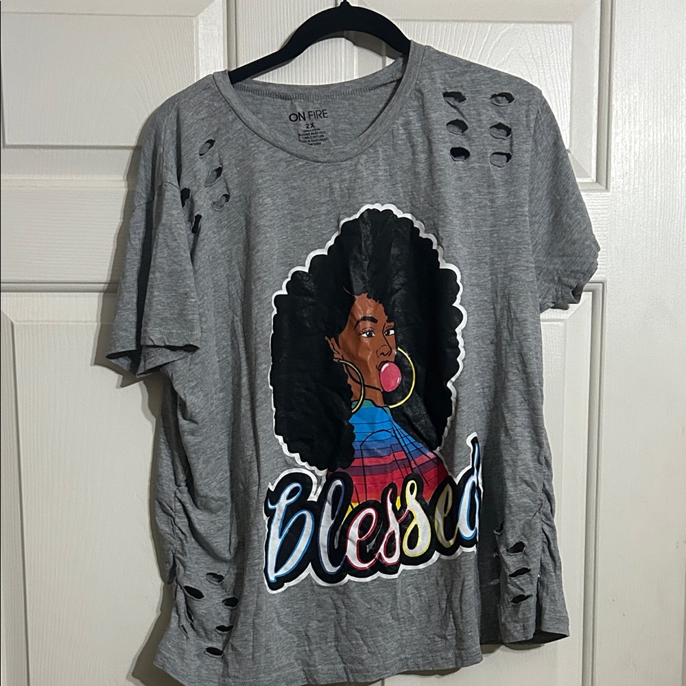 On Fire Grey Graphic Tee with Colorful 'Blessed' Illustration